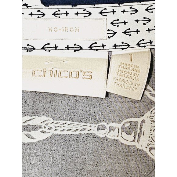 Chico's Button Down blouse size 12 nautical print quarter sleeve flip cuff - Picture 5 of 11